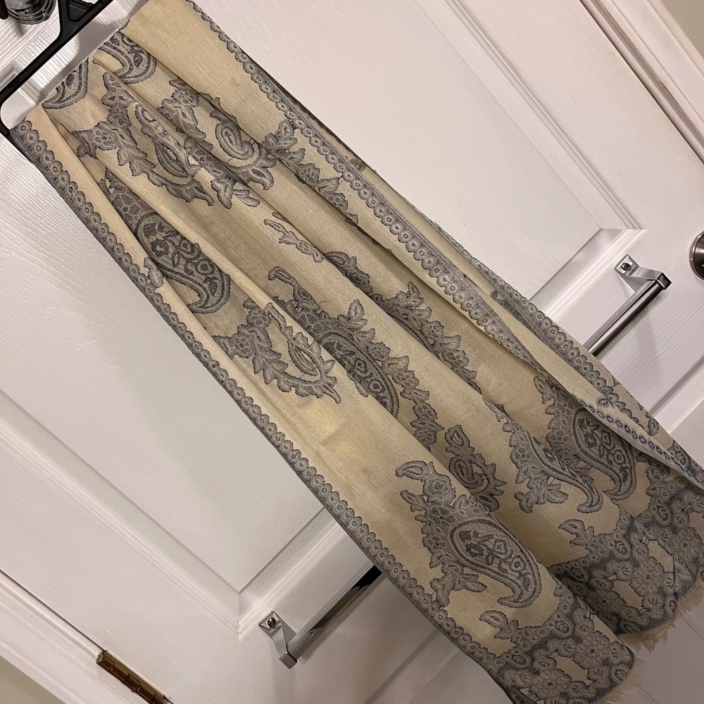 Pashmina Scarf Blue Cream Paisley Jacquard Fringed Shawl Wrap 100% Pashmina